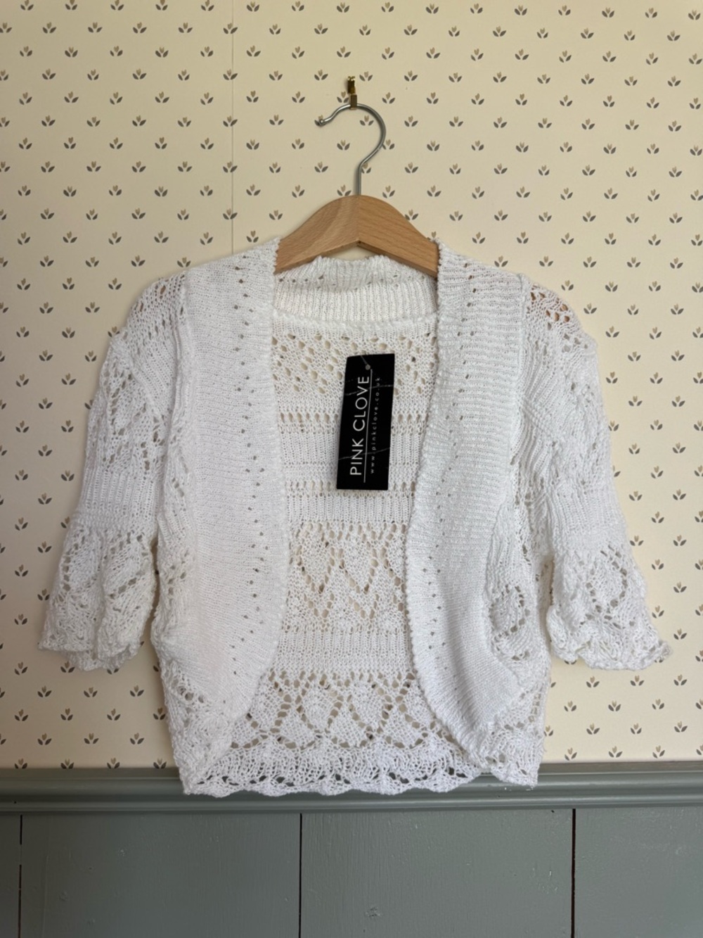 NWT Girls Lace Pink Clove White Crochet Knit Short Cardigan